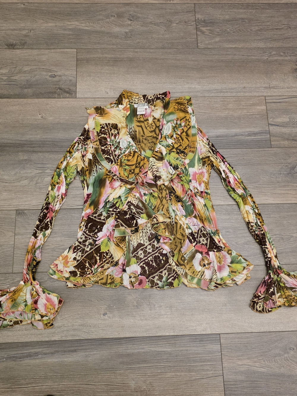 Alberto Makali Floral Ruffle Blouse in Mustard, Pink & Green